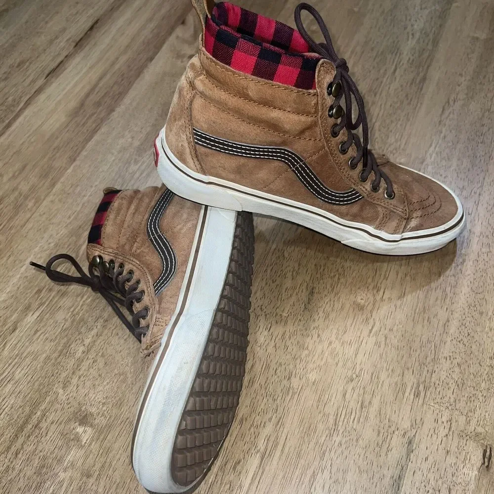 Vans Tan Suede High-Top Sneakers with Red Plaid Lining